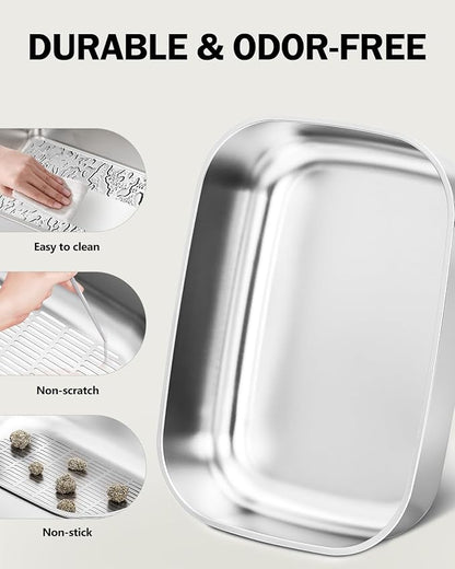 Stainless Steel Sifting Litter Box with Lid, Metal Litter Pan with Scoop for Big Cats Multi Cat, Extra Large Cats Litterbox Odor Control Easy Clean