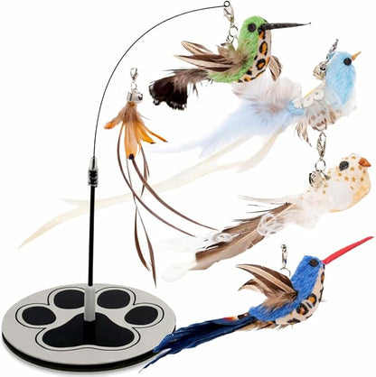 Interactive Cat Toys for Indoor Cats - 5 Replacement Feathers with Bells - Teaser Wand Toy - Self Play Bird Simulation - Bored Adult Feline Hunting Solo Chaser Activity - Kitten Juguetes para Gatos
