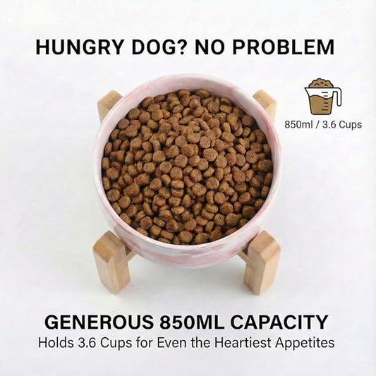 hjn Elevated Ceramic Dog Bowl 15°Slanted Raised Dog Bowl with Bamboo Stand for Small Medium Dogs and Cats, Pet Feeder -3.6-Cup (850ml)-Marble Pink