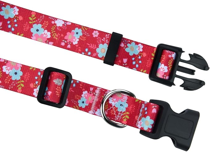 Dog Collar and Leash Set with Bohemia Floral Tribal Geometric Patterns - Soft Ethnic Style Collar Adjustable for Small Medium Large Dogs(Red Floral Set,M)