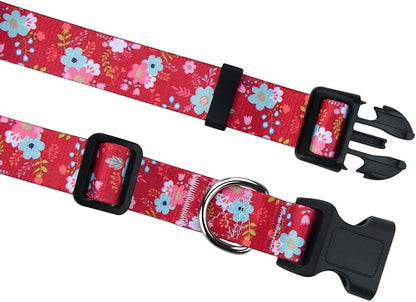 Dog Collar and Leash Set with Bohemia Floral Tribal Geometric Patterns - Soft Ethnic Style Collar Adjustable for Small Medium Large Dogs(Red Floral Set,M)
