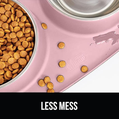 GORILLA GRIP Feeding Mat Bowl Set, 100% Waterproof BPA Free Silicone Base, 304 Stainless Steel Cat and Dog Bowls for Food and Water, Slip Resistant, High Edge, US Designed, Patent Pending, 1 Cup Pink