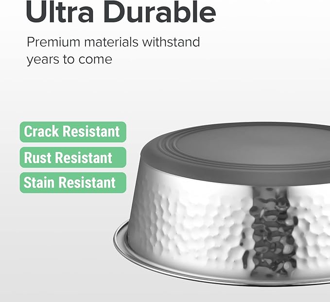 URBUDDIES 2 Pack Hammered Stainless Steel Dog Bowls, Premium Metal Dog Bowls with Non Slip Rubber Bottom, Dishwasher Safe, Easy to Clean, 11 Cup, Gray Bottom
