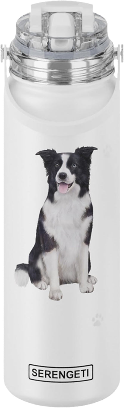 SERENGETI 24 Oz Water Bottle Stainless Steel with Spill Proof Lid - Double walled Vacuum Insulated water flask - Realistic 3D Print of your favorite dog (Border Collie)