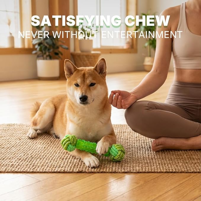 Bone Dog Chew Toy with Rope Ball - Tough Dog Toys with Textured Body for Teeth Cleaning, Dental Chew Toy for Small, Medium and Large Dogs, Green