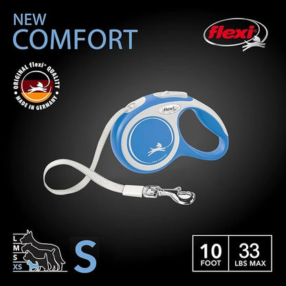 FLEXI New Comfort Tape Retractable Dog Leashes for Small Dogs Upto 33 lbs. – 16 ft., Blue | Tangle Free Pet Walking Leash with One-Handed Brake, Pause, Lock|German Quality Product