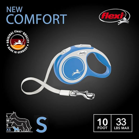 FLEXI New Comfort Tape Retractable Dog Leashes for Small Dogs Upto 33 lbs. – 16 ft., Blue | Tangle Free Pet Walking Leash with One-Handed Brake, Pause, Lock|German Quality Product