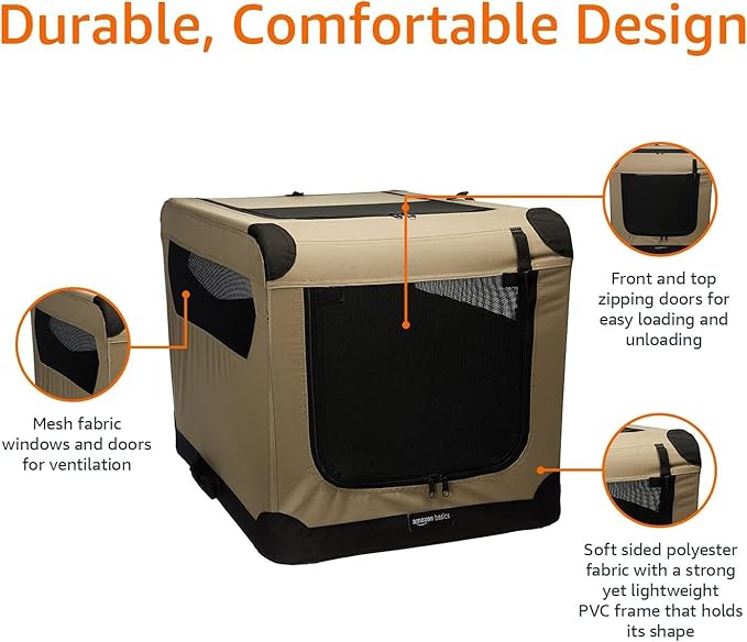 Amazon Basics Portable Folding Soft Dog Crate, Double Door, Collapsible Travel Kennel, Easy to Assemble, Medium, 29.92" x 21.3" x 21.3", Tan