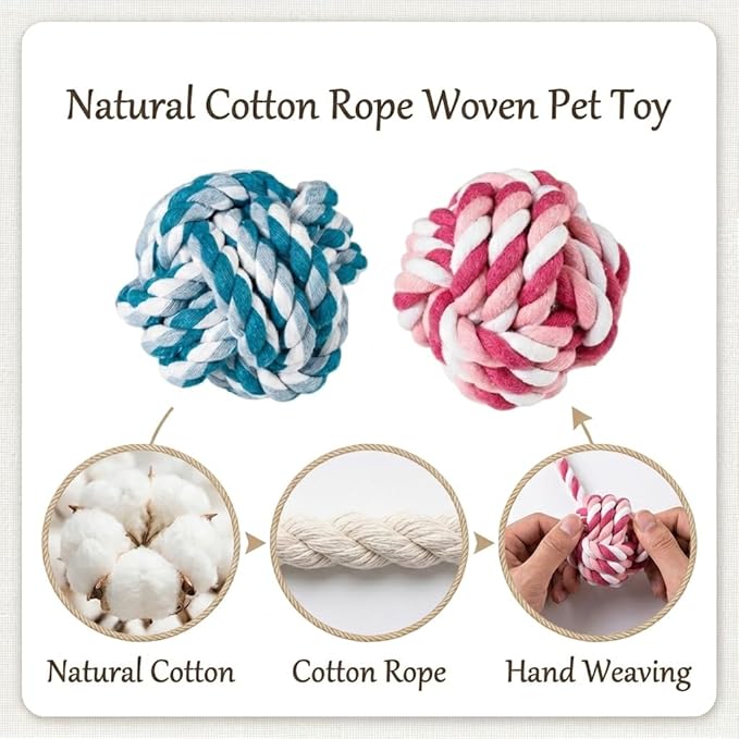 Durable Cotton Rope Dog Ball Toy, Hand-Woven Chew and Teeth-Cleaning for Puppies and Small to Medium Dogs, Interactive Play and Training (2-Red Set) (Red-to-White Color)