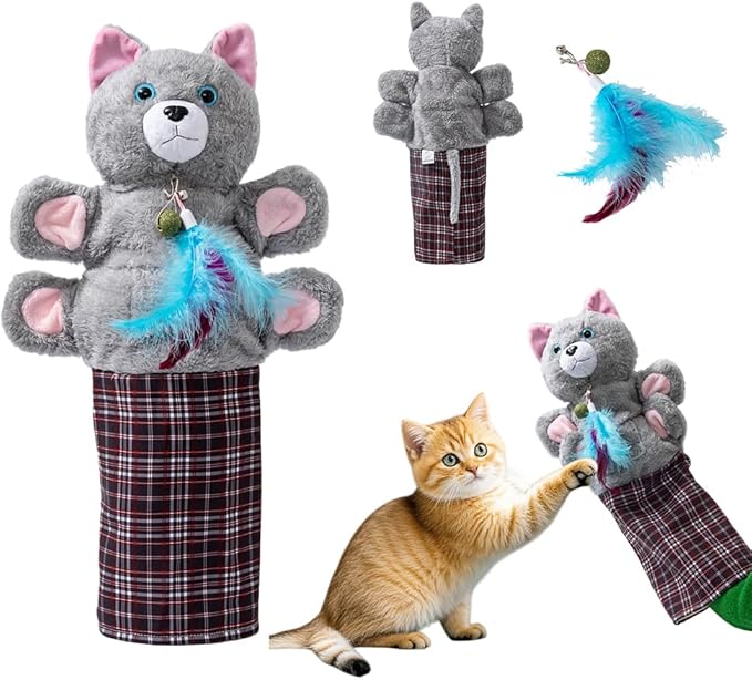 Cat Wrestling Glove Hand Puppet, Interactive Play Toy with Feather, Gray with Pink Ears, Multicolor Plaid Sleeve