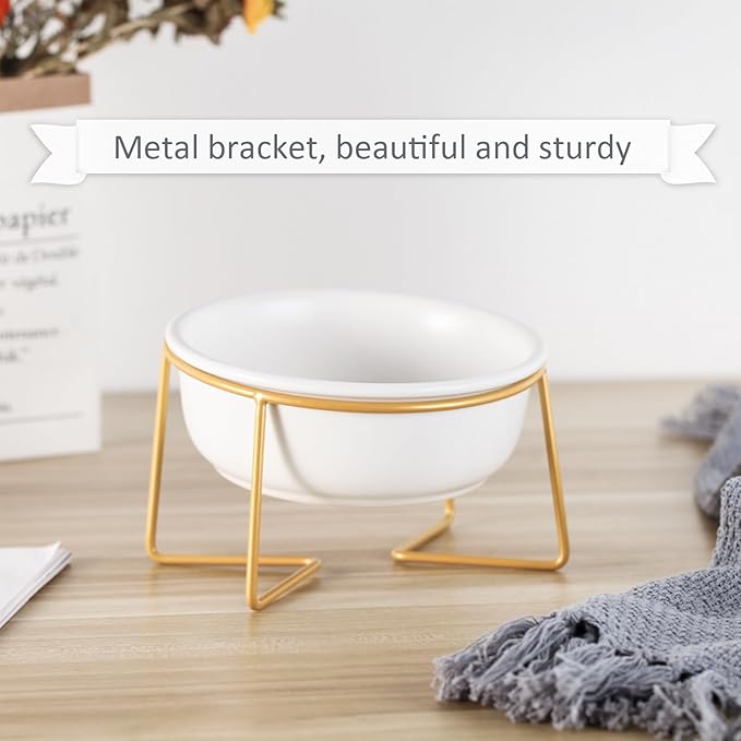 White Small Ceramic Tilted Elevated Cat Dog Bowl Raised Cat Food Water Bowl Dish Pet Comfort Feeding Bowls with Gold Iron Stand