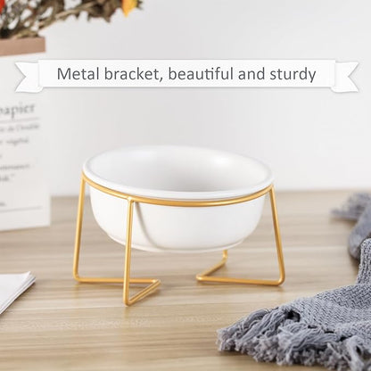 White Small Ceramic Tilted Elevated Cat Dog Bowl Raised Cat Food Water Bowl Dish Pet Comfort Feeding Bowls with Gold Iron Stand