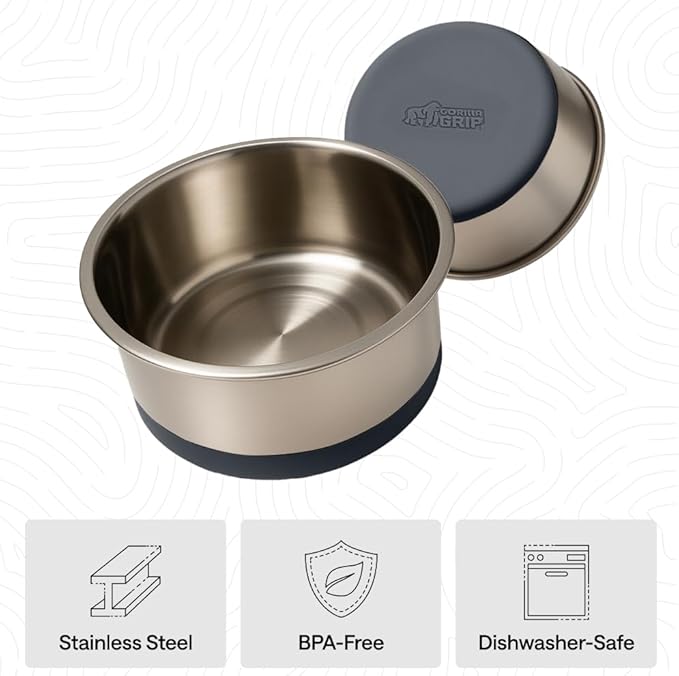 GORILLA GRIP Dog Bowls, Food Grade 304 Stainless Steel, Holds 6 Cups Each (48 fl oz) Food and Water Bowl for Feeding Dogs and Cats, Dishwasher Safe, Rust Resistant, BPA Free Rubber Base Set of 2 Gray