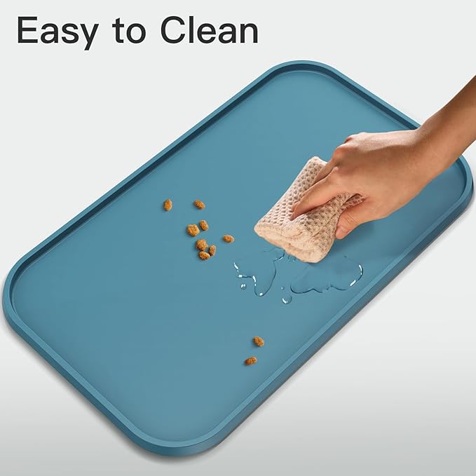 Pet Feeding Mat [Warped Resistant Raised Edge], Water-Proof Silicone Placement for Food Water Bowls, Anti-Slip Base Protect Floor, BPA-Free&Dishwasher-Safe [18.5x11.5inch Small, Blue]