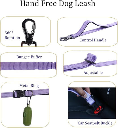 Hands Free Dog Leash, No Pull Bungee Dog Running Waist Leash, with Car Seat Belt, Reflective Stripes, Heavy Duty for Medium and Large Dogs. (Solid Lilac, Large)