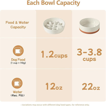 Ceramic 1.2 Cup Raised Slow Feeder Dog Bowl Set, Elevated 6.1inch Bowl and 7.3inch Slow Feeder Dish with Acacia Wood Stand for Small and Medium Dogs (2 x Vanilla White+ Stand)