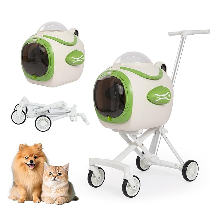 4 in 1 Foldable Pet Stroller with Detachable Carrier for Small Dogs & Cats, Space Capsule Travel Stroller with Inbuilt Fan,Temperature Display & Night Light,Puppy Kitty Doggie Bunny Stroller (Beige)