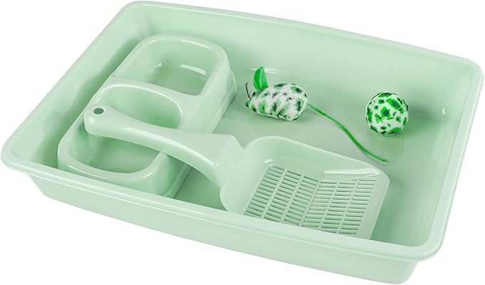 PAWISE Cat Litter Box Set, Small Kitten Starter Kit, Includes Litter Box, Litter Scoop, Double Dish Feeding Bowl, Cat Mouse Toy, Kitty Ball Toy, Green