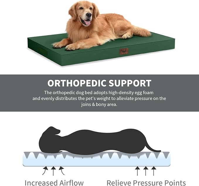 Outdoor Extra Large Dog Bed, Waterproof Dog Bed for Large Dogs, Orthopedic Egg Crate Foam Pet Bed with Washable Removable Oxford Cooling Cover, 44x32 Inch, Dark Green