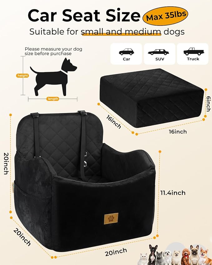 Dog Car Seat for Small/Medium Dogs, Detachable Washable Dog Booster Car Seat Under 35lbs, High-Support Memory Foam,Travel Bed with Storage Pockets