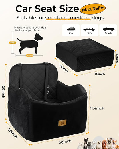 Dog Car Seat for Small/Medium Dogs, Detachable Washable Dog Booster Car Seat Under 35lbs, High-Support Memory Foam,Travel Bed with Storage Pockets