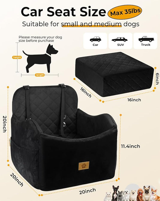 Dog Car Seat for Small/Medium Dogs, Detachable Washable Dog Booster Car Seat Under 35lbs, High-Support Memory Foam,Travel Bed with Storage Pockets