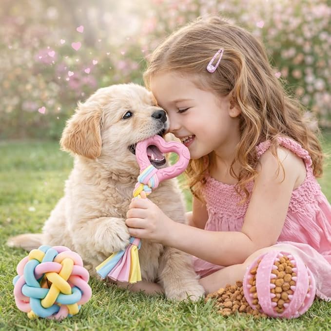 Pink Puppy Toys, 6- Pack Teething Chew Toys, Soft Durable Rubber Teething Toys for Puppies Small Breeds, Eco-Friendly, Interactive Puppy Chew Toys for Small Dogs, (Basket not Included)