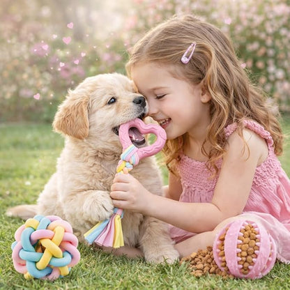 Pink Puppy Toys, 6- Pack Teething Chew Toys, Soft Durable Rubber Teething Toys for Puppies Small Breeds, Eco-Friendly, Interactive Puppy Chew Toys for Small Dogs, (Basket not Included)