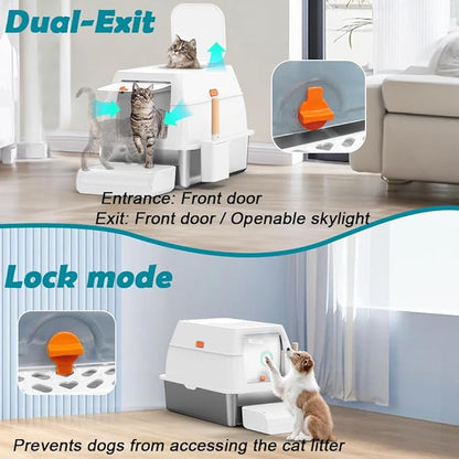 SZEE XL Stainless Steel Litter Box with Lid, Extra Large Metal Covered Litter Box, Stainless Box Easy Clean, Activated Charcoal Odor Control Design, Includes Litter Scoop & Mat & Step, White