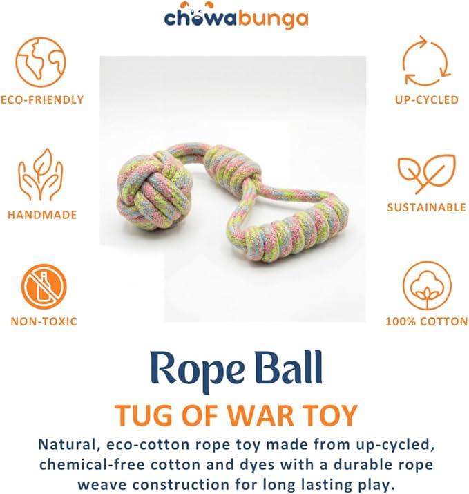 Tug of War Dog Toy 12 Inch Eco Cotton Interactive Dog Rope Toy with Grip Handle & Rope Tug Ball with Natural, Non-Toxic Dyes Tug Toy for Medium & Small Dogs (Rainbow)