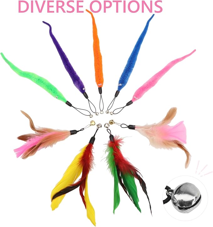 Hypeety Cat Toys for Indoor Cats Interactive Retractable Fishing Pole Wand with Refills Feathers Cat Teaser Wand with Feathers Cute and Funny Cat Toy Wand for Playtime Chase and Exercise 10PCS