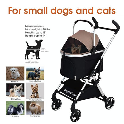 Pet Stroller for Small Dogs & Cats Under 20 lb with Detachable Carrier, Converts to Car Seat, Ultra-Lightweight only 11lb, One Hand Fold