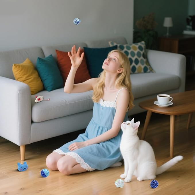 Andiker 6Pcs Cat Toy Pack, Cats Toy Set with Crinkle Balls, Pet Bell Balls, Pet Mouse Toy and Rattan Ball Stimulate Cats Hunting and Chasing Instincts Interactive Kitten Toys for Indoor Cat (Blue)