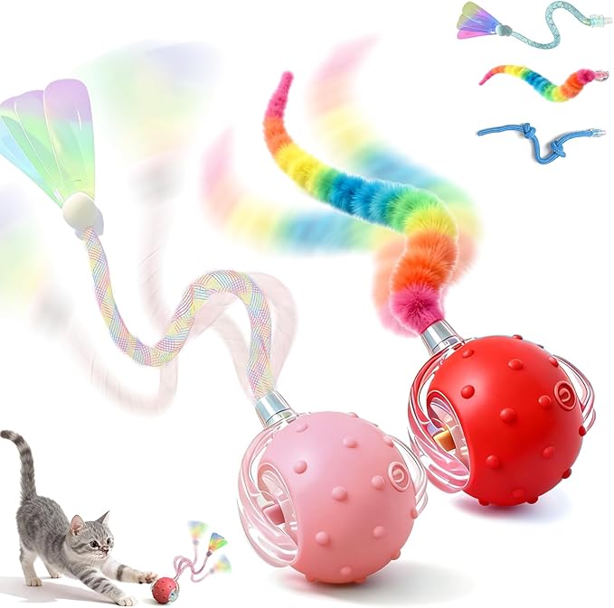 2 Pack Interactive Cat Toys for Indoor Cats with 3 Tails,Automatic Moving Kitten Toys,Cat Toys for Bored Indoor Adult Cats,Smart Rechargeable Cat Enrichment Toys for Cats to Keep Them Busy, Cat Balls
