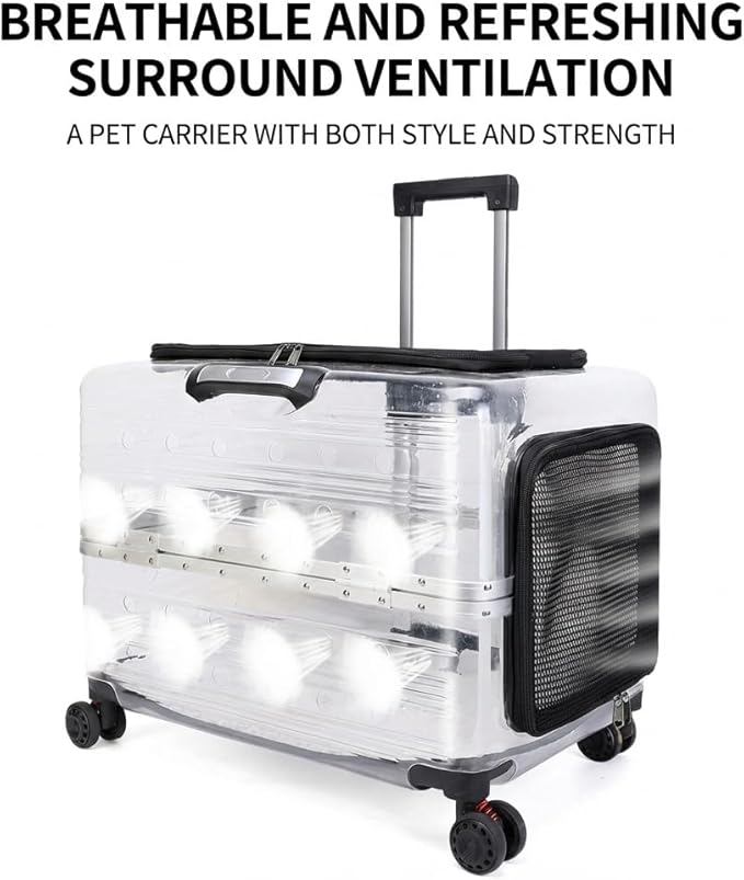 Large Capacity Transparent Pet Carrier with Wheels, Airline Approved Rolling Pet Travel Crate for Dogs & Cats, Portable Hard Shell Pet Luggage (Black)