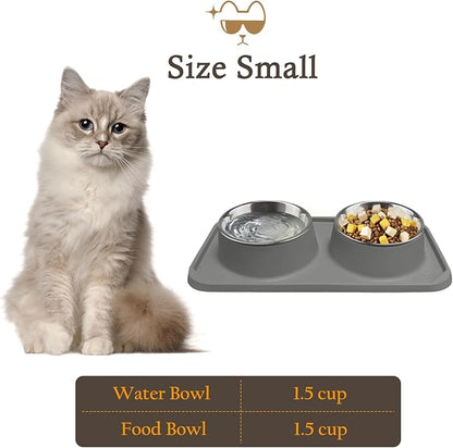 Cat Bowls for Food and Water, Upgrade Cat Food Bowls for Indoor Cats, Premium Removable Stainless Steel Double Bowls with Silicone Anti-Slip Pads, Water Bowl for Cats and Dog (Drak Grey)
