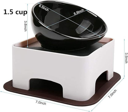 Ceramic Bulldog Bowl Dog Feeding Bowl - Dog Dish Wide Mouth Pet Sterile Tilted Pet Feeder with Anti-Skid Rubber Mat for Small Medium Dogs (White)