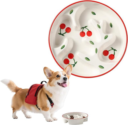 Ceramic Slow Feeder Dog Bowl - Portion Control Feeding Bowl for Medium Dogs – Cute Maze Food Dish for Fast Eaters - 3.1 Cups (310 g) - Doodle Series (Cherry)