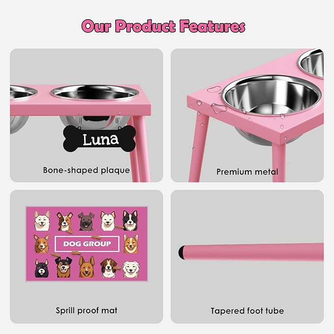 Raised Dog Bowl Stand for Large Medium Dogs, Elevated Dog Bowls with Sprill Proof Mat &Two 58OZ Stainless Steel Bowls,Pink