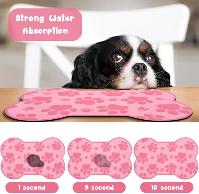 Dog Food Mats for Floors Waterproof, Pet Feeding Absorbent Water Bowl Mat Cat Placemats Pink Bone Shape 19 * 12 inch