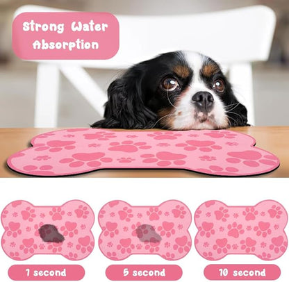 Dog Food Mats for Floors Waterproof, Pet Feeding Absorbent Water Bowl Mat Cat Placemats Pink Bone Shape 23.6 * 15.7 inch