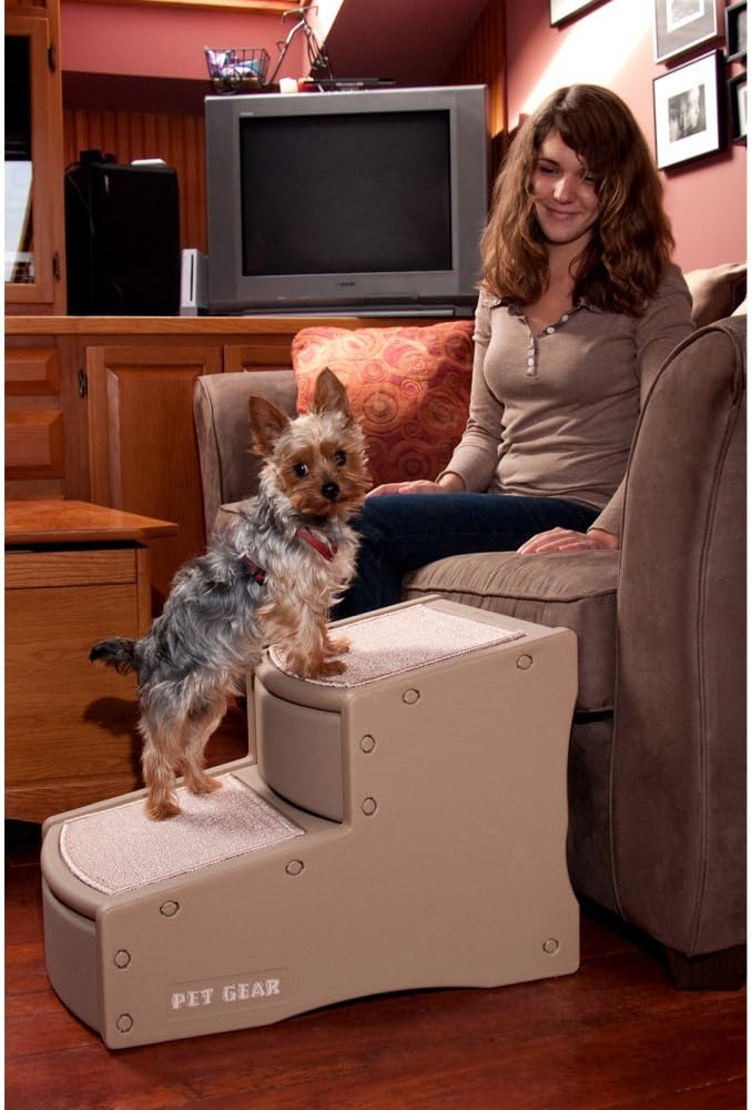 Pet Gear Easy Step II Pet Stairs, 2 Step for Cats/Dogs up to 150 Pounds, Portable, Removable Washable Carpet Tread, 2-Step, Tan, 22x16x16 Inch (Pack of 1) (PG9720TN)