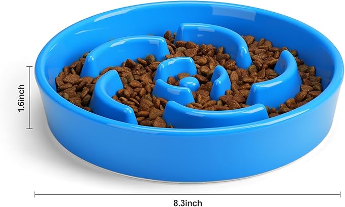 Slow Feeder Dog Bowl, Ceramic 8.3 inch Dog Food Bowls for Small, Medium, and Large Breed, Anti-Slip Maze Puzzle Food Dish to Slow Down Eating (Blue, 8.3 inch)