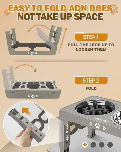 Elevated Dog Bowls for Medium Size Dogs with Mat, Non-Slip Dog Feeder with 1*Stainless Steel Dishes & 1*Slow Feeder Bowl, 5 Heights Adjustable Raised Bowls for 3.15″-8.66″-9.84″-11.02″-12.2″