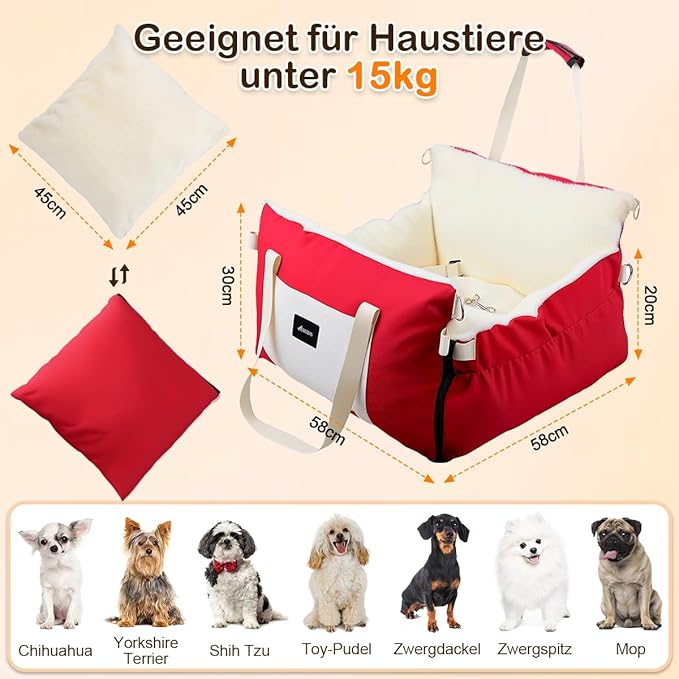 SIVES Dog Car Seat for Small Dogs, Soft Booster Seat Travel Bed with Side Flaps, Non-Slip Base, Seat Belt Straps + Safety Tether, Storage Pocket, Washable Cushion, Recommended Up to 33 lbs, Red