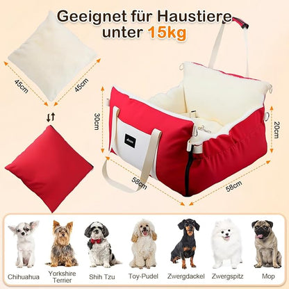 SIVES Dog Car Seat for Small Dogs, Soft Booster Seat Travel Bed with Side Flaps, Non-Slip Base, Seat Belt Straps + Safety Tether, Storage Pocket, Washable Cushion, Recommended Up to 33 lbs, Red