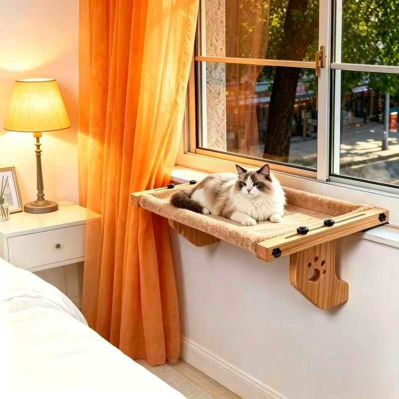 ESPETS Wooden Cat Window Bed for Large Cats, Khaki Cat Window Perch Hammock by ESPETS
