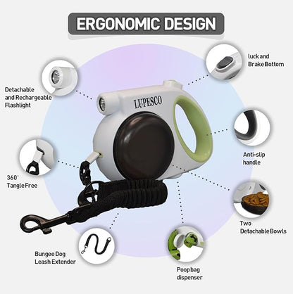 Retractable Dog Leash – 13ft Tangle-Free Lead with Bungee Extender, LED Flashlight, Dual Bowls for Food & Water, Poop Bag Dispenser (Includes 5 Rolls) – for Outdoor Walking Dogs up to 55 lbs (Green)