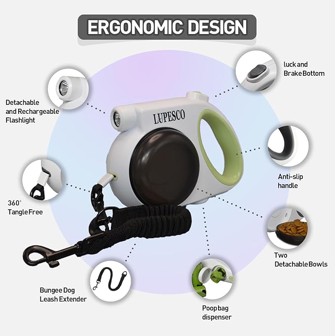 Retractable Dog Leash – 13ft Tangle-Free Lead with Bungee Extender, LED Flashlight, Dual Bowls for Food & Water, Poop Bag Dispenser (Includes 5 Rolls) – for Outdoor Walking Dogs up to 55 lbs (Blue)