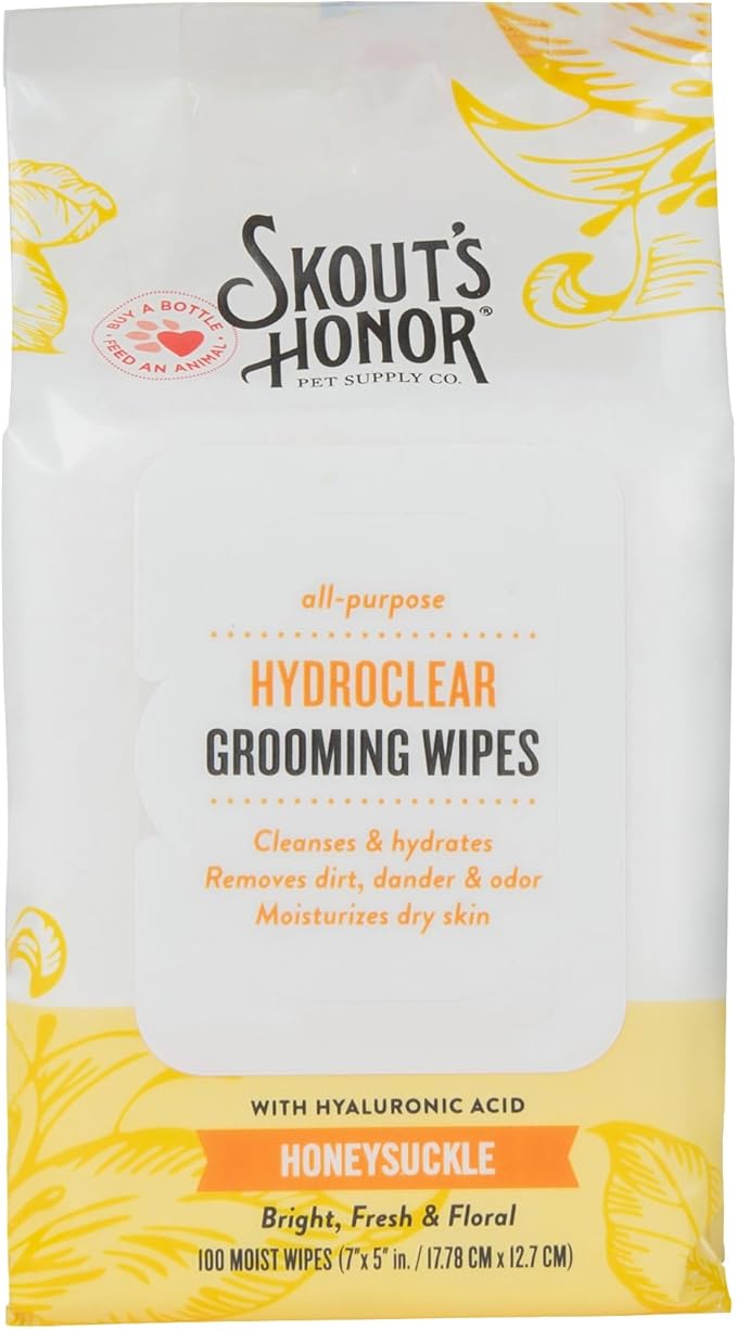 SKOUT'S HONOR HydroClear Grooming Wipes w/Hyaluronic Acid - for Your Dogs and Cats - Great for Hydration of Your Pets Skin and Fur - Honeysuckle Fragrance - 100ct